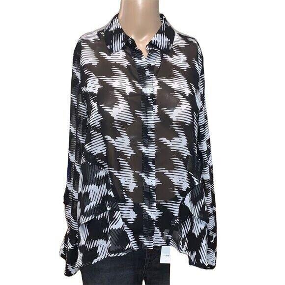 INC Womens Blouse Top Glitterati Abstract Houndstooth Sheer Black White PS - Picture 1 of 12
